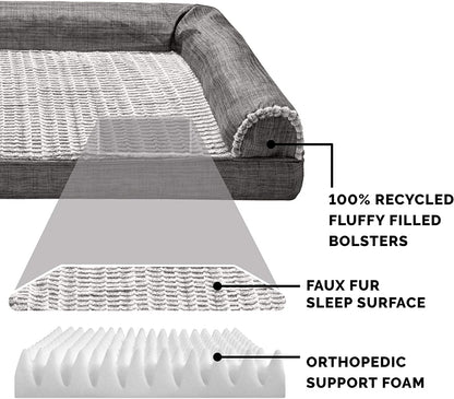 Orthopedic Dog Bed for Medium/Small Dogs W/ Removable Bolsters & Washable Cover, for Dogs up to 35 Lbs - Luxe Faux Fur & Performance Linen Sofa - Charcoal, Medium